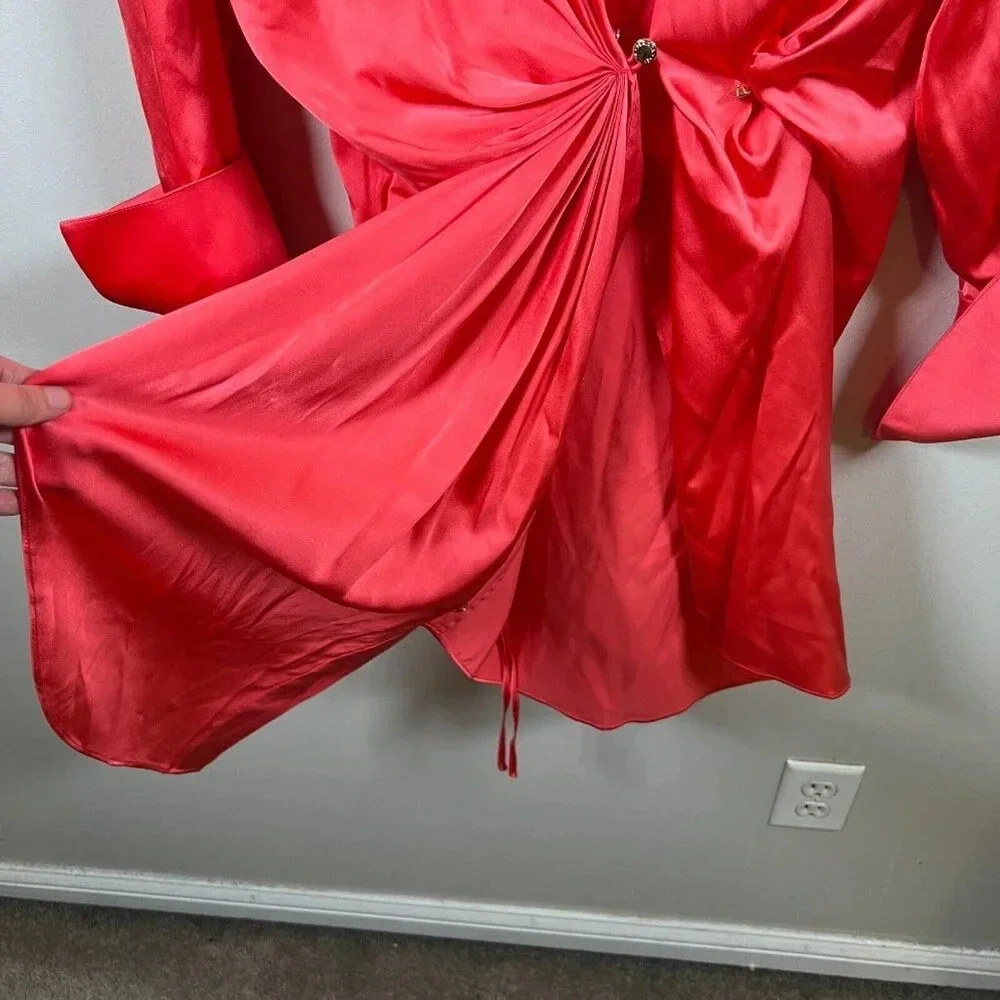 SER.O.YA Demi Silk Dress Size Medium Neon Coral Pink Shirt Dress Wrap Party